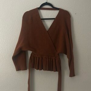 PINK LILY BOUTIQUE rust orange RIBBED peplum wrap OPEN BACK sweater